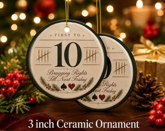 Euchre Ornament First to 10 Bragging Rights Ceramic Christmas Ornament Gift for Euchre Group Card Players Gift Set of 3 5 10 Exchange Gifts