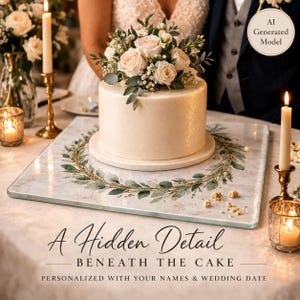 Könnte beinhalten: Ein quadratischer Tortenständer aus Glas mit Marmormuster und einem grünen Blattkranz-Design. Der Ständer trägt eine runde weiße Torte, die mit hellrosa Rosen und Grünpflanzen verziert ist. Der Text lautet: A Hidden Detail BENEATH THE CAKE.
