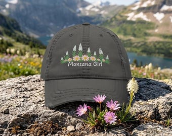 Gift for Montana Native Living Away Hiking Women Embroidered Baseball Cap Bitterroot Beargrass Wildflower Hat Distressed Grey Montana Native