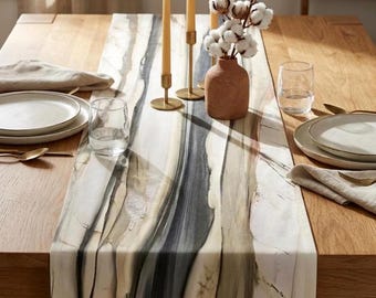 Modern Organic Dining Decor Newlywed Housewarming Hostess Gift Ivory Grey Marble Table Runner Travertine Stone Print Ivory Charcoal Runner