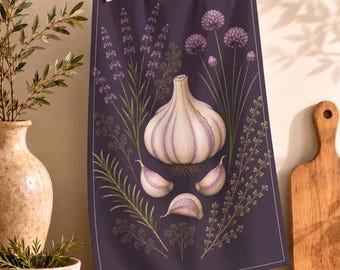 Gardener Hostess Housewarming Gift Cotton Twill Garlic Kitchen Towel Botanical Heirloom Vegetable Tea Towel Matching Set Plum Garden Decor