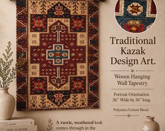 Kazak Inspired Rug Pattern Tapestry Wall Hanging Indigo Blue Bold Geometric Medallion Boho Persian Style Wall Art 36x26 Woven Wall Decor