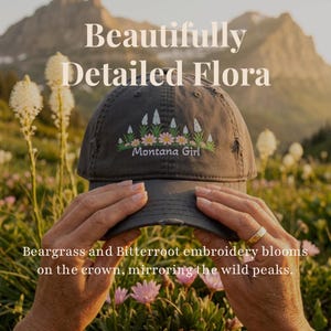 Montana Baseball Cap Embroidered Bitterroot Beargrass Wildflower Hat Distressed Grey Gift For Montana Native Living Away Women Hiking Group