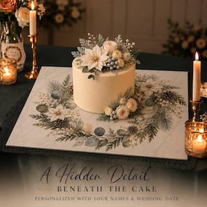 May include: A round, cream-colored cake sits on a square, white marble-patterned board decorated with a printed winter wreath of poinsettias, pinecones, and greenery. The text "A Hidden Detail BENEATH THE CAKE" is printed at the bottom.