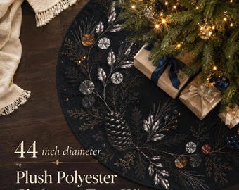 黒と銀の植物柄クリスマスツリースカート 44インチ オニキス 新築祝いのギフト 静かで豪華なクリスマスホリデーデコレーション プラッシュフリース ムーディーデコレーション