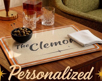Personalized Glass Serving Tray Custom Name Orange Chrome MCM Atomic Starburst Kitchen Housewarming Gift Mid Century Modern Cheese Board