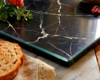 Tabla de cortar de vidrio templado con efecto mármol negro, decoración moderna para la cocina, tabla para servir con aspecto de mármol, tabla para embutidos, regalo de lujo para inauguración de casa