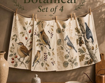 Songbird Kitchen Towel Set Cotton Twill Wren Titmouse Nuthatch Waxwing Illustrated Cotton Twill Birding Gift Matching Housewarming Towel Set
