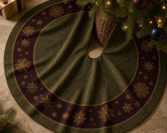 Green and Burgundy Star Print Tree Skirt 44 Inch Gold Accents Jewel Tone Christmas Decor Plush Fleece Elegant Luxury Housewarming Gift