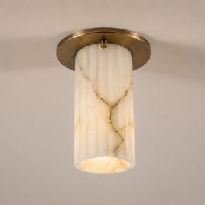 Alabaster Stone Flush Mount Ceiling Light, Mid Century Modern Brass Fixture