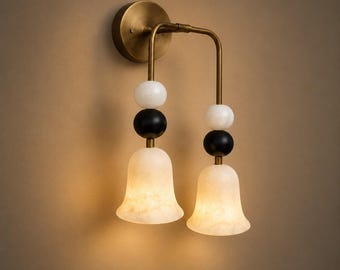 Alabaster Wall Sconce Double Light | Antique Brass Modern Wall Lamp | Luxury Home Lighting