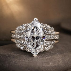 Marquise Cubic Zirconia Ring Set - Brilliant Pave Crystals, Wedding Bridal Jewelry