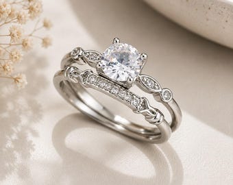 Conjunto de anillos de circonita cúbica - 2 anillos de lujo para bodas, regalo de San Valentín o aniversario