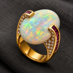 May include: A gold ring featuring a large oval cabochon opal with iridescent flashes of green, blue, and orange. The setting is accented with channel-set rectangular red rubies and small round pavé-set white diamonds along the curved metal band.