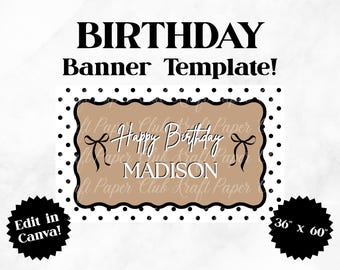 Plantilla de pancarta de cumpleaños con lunares de 36"x60" / Editar en Canva (Descarga digital)