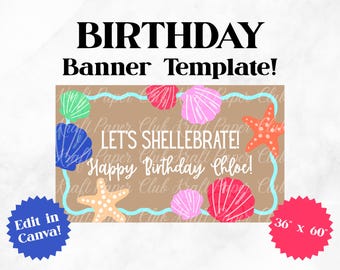 Plantilla de pancarta de cumpleaños "Let's Shellebrate" de 36"x60" / Edita en Canva (Descarga digital)