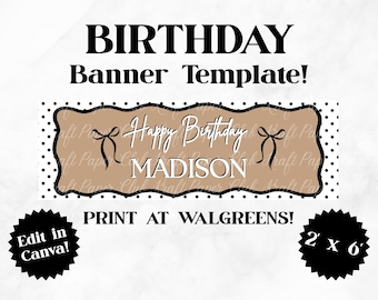 Plantilla de pancarta de cumpleaños con lunares de 2'x6' / Editar en Canva (Descarga digital)