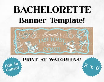 Plantilla de banner de 2'x6' para despedida de soltera "Último brindis en la costa" / Editar en Canva (Descarga digital)