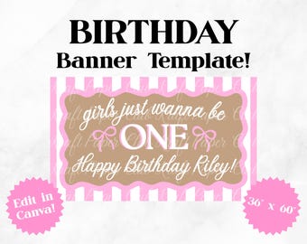 Banner de cumpleaños "Girls Just Wanna Be One" de 36"x60" / Editar en Canva (Descarga digital)