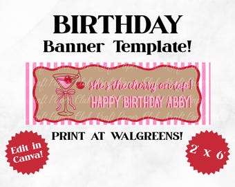 Plantilla de pancarta de cumpleaños "Ella es la cereza del pastel" de 2'x6' / Editar en Canva (Descarga digital)