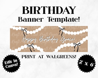 Plantilla de pancarta de cumpleaños Pearl de 2'x6' / Editar en Canva (Descarga digital)