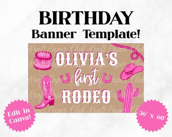Plantilla de pancarta de cumpleaños con temática de rodeo de 36"x60" / Editar en Canva (Descarga digital)