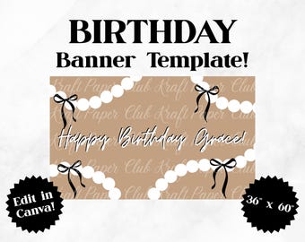 Plantilla de banner de cumpleaños con perlas de 36"x60" / Editar en Canva (Descarga digital)