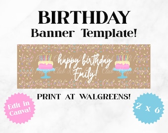 Plantilla de pancarta personalizada de 2'x6' con diseño de pastel de cumpleaños / Editable en Canva (Descarga digital)