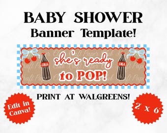 Plantilla de pancarta para baby shower "She's Ready to POP" de 2'x6' / Editable en Canva (Descarga digital)