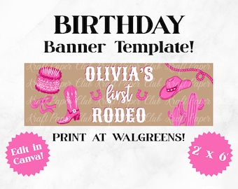 Plantilla de pancarta de cumpleaños con temática de rodeo de 2'x6' / Editar en Canva (Descarga digital)
