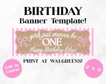 Plantilla de pancarta de cumpleaños "Girls Just Wanna Be One" de 2'x6' / Editar en Canva (Descarga digital)