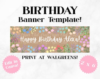 Plantilla de pancarta floral de cumpleaños de 2'x6' / Editar en Canva (Descarga digital)