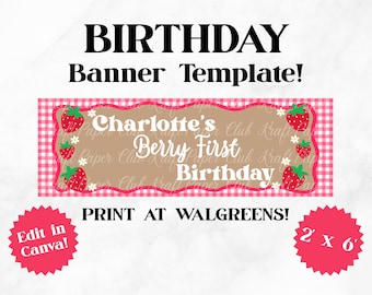 Plantilla de pancarta de 2'x6' para el primer cumpleaños de Berry / Editar en Canva (Descarga digital)