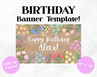 Plantilla de pancarta floral de cumpleaños de 36"x60" / Editar en Canva (Descarga digital)