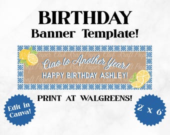 Plantilla de pancarta de cumpleaños Amalfi Lemon de 2'x6' / Editar en Canva (Descarga digital)