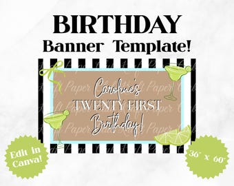 Plantilla de banner de 36"x60" para cumpleaños número veintiuno / Editar en Canva (Descarga digital)