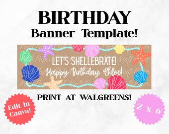 Plantilla de pancarta de cumpleaños "Let's Shellebrate" de 2'x6' / Editar en Canva (Descarga digital)