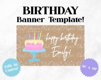 Plantilla de pancarta personalizada de 36"x60" para tarta de cumpleaños / Editable en Canva (Descarga digital)