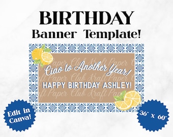 Plantilla de pancarta de cumpleaños Amalfi Lemon de 36"x60" / Editar en Canva (Descarga digital)