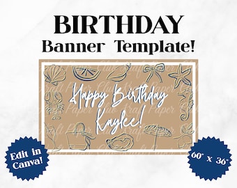 Plantilla de banner de cumpleaños con temática costera de 36"x60" / Editar en Canva (Descarga digital)