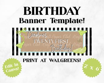 Plantilla de pancarta de 2'x6' para cumpleaños número veintiuno / Editar en Canva (Descarga digital)