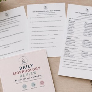 May include: A collection of hematology study materials, including worksheets, a quick reference guide, and a workbook titled "Daily Morphology Review." The materials are arranged on a light-colored wooden surface, with highlighters and a pen nearby.