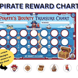 May include: A rectangular pirate-themed reward chart titled Pirate's Bounty Treasure Chart with blank lines for name and reward. It features a blue ocean background, a pirate illustration, and 18 white circles for stickers. Includes 6 sticker designs.