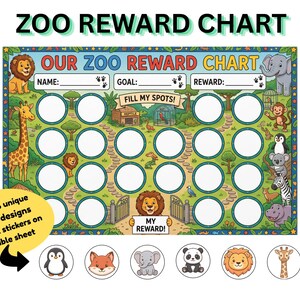 May include: A rectangular zoo reward chart featuring a green landscape with a path of empty circles, illustrations of a lion, giraffe, elephant, monkey, penguin, koala, zebra, and hippo, and text reading OUR ZOO REWARD CHART and FILL MY SPOTS.