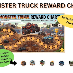 May include: Monster Truck Reward Chart with a race track design. The chart features monster trucks, a finish line, and the text "Monster Truck Reward Chart". Includes 7 unique sticker designs and 70+ total stickers on a printable sheet.