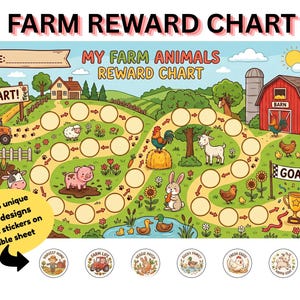 May include: A farm reward chart featuring a winding path with circular spaces, farm animals, a red barn, and a tractor. The text reads FARM REWARD CHART, MY FARM ANIMALS REWARD CHART, START, GOAL, and includes 6 unique sticker designs with 60+ total stickers.