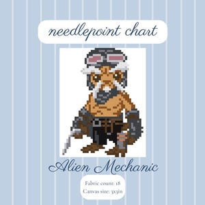 May include: A pixel art needlepoint chart featuring an alien mechanic character. The design includes the text "needlepoint chart" and "Alien Mechanic" with specifications for a fabric count of 18 and a canvas size of 7.62x7.62 cm.