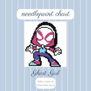 May include: A needlepoint chart titled Ghost Girl featuring a pixel art character with a white mask, pink accents, and a purple suit. The chart specifies a fabric count of 18 and a canvas size of 3x3 inches, presented on a light blue striped background.