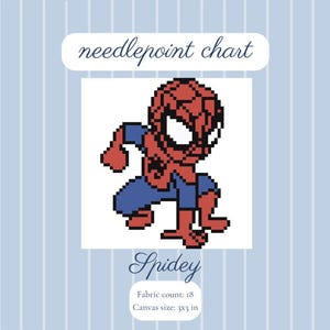 May include: A needlepoint chart featuring a pixelated red and blue superhero character. The text reads needlepoint chart, Spidey, Fabric count: 18, and Canvas size: 7.62x7.62 cm. The design is set against a light blue background with white vertical stripes.