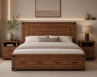 King Size Rustic Farmhouse Bed Frame, Oak Wood, Storage Drawers, Geometric Headboard